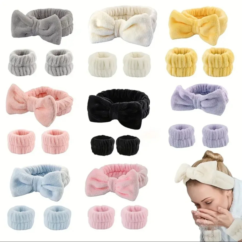3pc Bow Spa Headband Wristbands Set Fluffy Skincare Face Washing Makeup